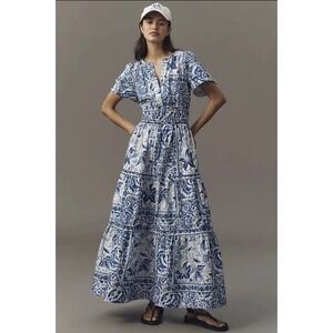 Maeve by Anthropologie Blue White Floral Toile Cotton Tiered Maxi Dress XL
